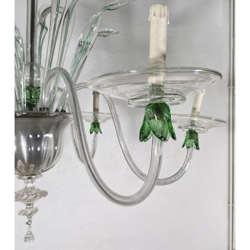 LAMPADARIO VETRO MURANO 6 BRACCI TRASPARENTE VERDE FOGLIE CEILING LAMP ANNI 40