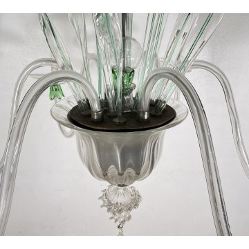 LAMPADARIO VETRO MURANO 6 BRACCI TRASPARENTE VERDE FOGLIE CEILING LAMP ANNI 40