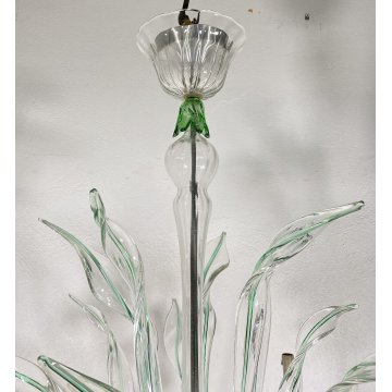 LAMPADARIO VETRO MURANO 6 BRACCI TRASPARENTE VERDE FOGLIE CEILING LAMP ANNI 40