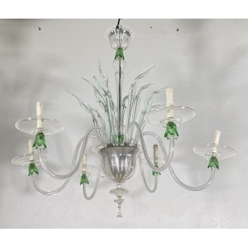 LAMPADARIO VETRO MURANO 6 BRACCI TRASPARENTE VERDE FOGLIE CEILING LAMP ANNI 40