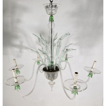 LAMPADARIO VETRO MURANO 6 BRACCI TRASPARENTE VERDE FOGLIE CEILING LAMP ANNI 40