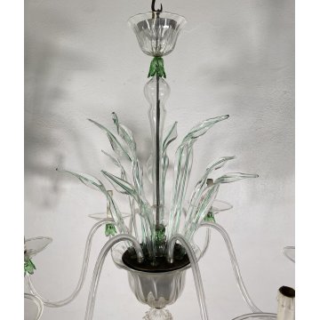 LAMPADARIO VETRO MURANO 6 BRACCI TRASPARENTE VERDE FOGLIE CEILING LAMP ANNI 40