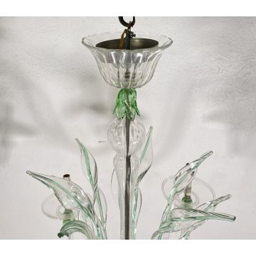 LAMPADARIO VETRO MURANO 6 BRACCI TRASPARENTE VERDE FOGLIE CEILING LAMP ANNI 40