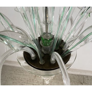 LAMPADARIO VETRO MURANO 6 BRACCI TRASPARENTE VERDE FOGLIE CEILING LAMP ANNI 40