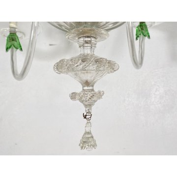 LAMPADARIO VETRO MURANO 6 BRACCI TRASPARENTE VERDE FOGLIE CEILING LAMP ANNI 40