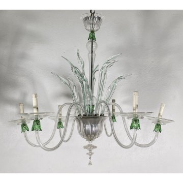 LAMPADARIO VETRO MURANO 6 BRACCI TRASPARENTE VERDE FOGLIE CEILING LAMP ANNI 40