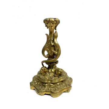 ANTICO CANDELIERE OTTONE BRASS CANDLE HOLDER LUCERTOLA PORTACANDELE 15 cm/h '900