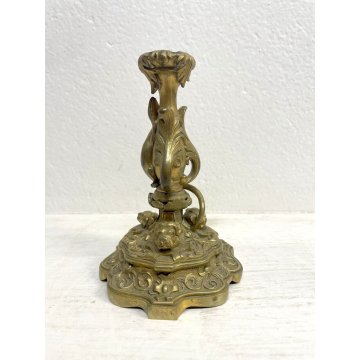 ANTICO CANDELIERE OTTONE BRASS CANDLE HOLDER LUCERTOLA PORTACANDELE 15 cm/h '900