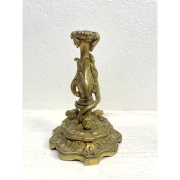 ANTICO CANDELIERE OTTONE BRASS CANDLE HOLDER LUCERTOLA PORTACANDELE 15 cm/h '900