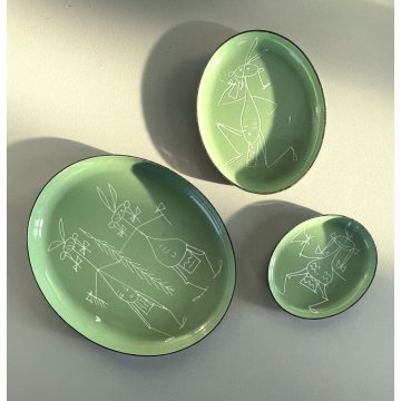 SET 3 PIATTINO OVALE SIVA Poggibonsi METALLO SMALTO VERDE GRAFFITO MIDCENTURY