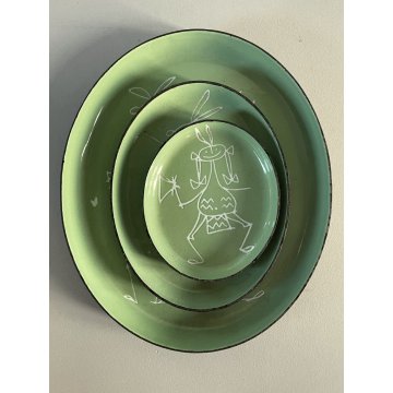 SET 3 PIATTINO OVALE SIVA Poggibonsi METALLO SMALTO VERDE GRAFFITO MIDCENTURY