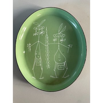 SET 3 PIATTINO OVALE SIVA Poggibonsi METALLO SMALTO VERDE GRAFFITO MIDCENTURY