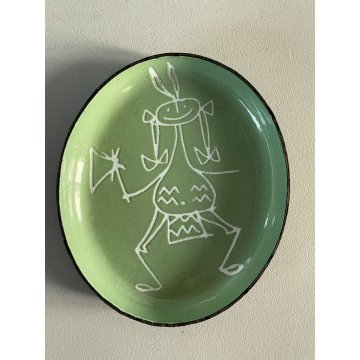 SET 3 PIATTINO OVALE SIVA Poggibonsi METALLO SMALTO VERDE GRAFFITO MIDCENTURY