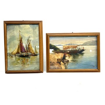 COPPIA QUADRO DIPINTO OLIO E.P. MARINA PAESAGGIO VEDUTA BARCHE PESCA LAVANDAIA