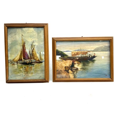 COPPIA QUADRO DIPINTO OLIO E.P. MARINA PAESAGGIO VEDUTA BARCHE PESCA LAVANDAIA