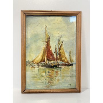 COPPIA QUADRO DIPINTO OLIO E.P. MARINA PAESAGGIO VEDUTA BARCHE PESCA LAVANDAIA