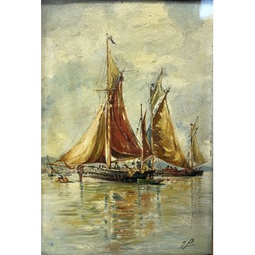 COPPIA QUADRO DIPINTO OLIO E.P. MARINA PAESAGGIO VEDUTA BARCHE PESCA LAVANDAIA