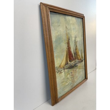 COPPIA QUADRO DIPINTO OLIO E.P. MARINA PAESAGGIO VEDUTA BARCHE PESCA LAVANDAIA