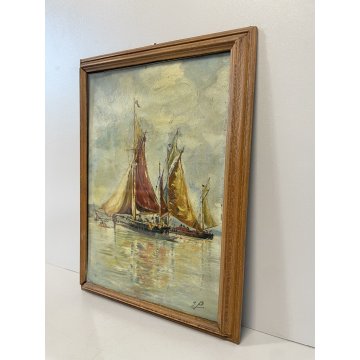 COPPIA QUADRO DIPINTO OLIO E.P. MARINA PAESAGGIO VEDUTA BARCHE PESCA LAVANDAIA