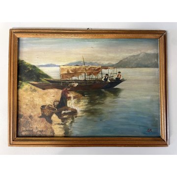 COPPIA QUADRO DIPINTO OLIO E.P. MARINA PAESAGGIO VEDUTA BARCHE PESCA LAVANDAIA