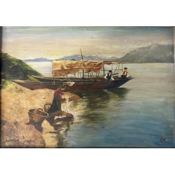 COPPIA QUADRO DIPINTO OLIO E.P. MARINA PAESAGGIO VEDUTA BARCHE PESCA LAVANDAIA