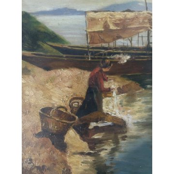 COPPIA QUADRO DIPINTO OLIO E.P. MARINA PAESAGGIO VEDUTA BARCHE PESCA LAVANDAIA