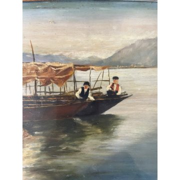 COPPIA QUADRO DIPINTO OLIO E.P. MARINA PAESAGGIO VEDUTA BARCHE PESCA LAVANDAIA