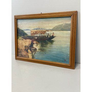 COPPIA QUADRO DIPINTO OLIO E.P. MARINA PAESAGGIO VEDUTA BARCHE PESCA LAVANDAIA