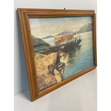 COPPIA QUADRO DIPINTO OLIO E.P. MARINA PAESAGGIO VEDUTA BARCHE PESCA LAVANDAIA