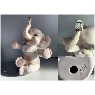 ANTICA SCULTURA CERAMICA "Elefante con mosca" Keramos TORINO 28cm/h ART DECO '30