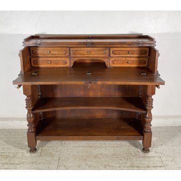 ANTICA CREDENZA SCRITTOIO SAN FILIPPO ETAGERE LEGNO NOCE LIBRERIA 1900 EPOCA OLD