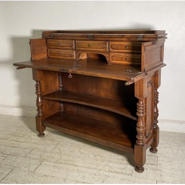 ANTICA CREDENZA SCRITTOIO SAN FILIPPO ETAGERE LEGNO NOCE LIBRERIA 1900 EPOCA OLD