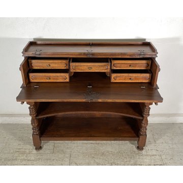 ANTICA CREDENZA SCRITTOIO SAN FILIPPO ETAGERE LEGNO NOCE LIBRERIA 1900 EPOCA OLD