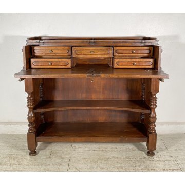 ANTICA CREDENZA SCRITTOIO SAN FILIPPO ETAGERE LEGNO NOCE LIBRERIA 1900 EPOCA OLD