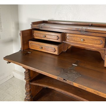 ANTICA CREDENZA SCRITTOIO SAN FILIPPO ETAGERE LEGNO NOCE LIBRERIA 1900 EPOCA OLD