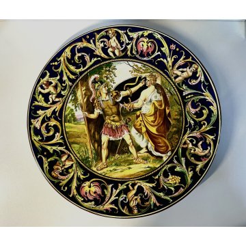 GRANDE PIATTO PARATA ISTORIATO Faenza MAIOLICA LUSTRO SCENA STORIA ROMANA ø 39cm