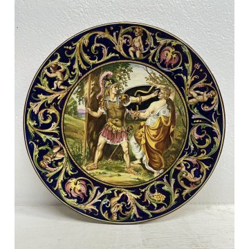 GRANDE PIATTO PARATA ISTORIATO Faenza MAIOLICA LUSTRO SCENA STORIA ROMANA ø 39cm