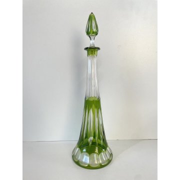 ANTICO DECANTER TAPPO CRISTALLO VERDE CHARTREUSE CUT to CLEAR BELGIO (?) '50s