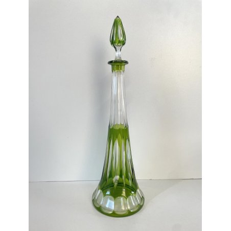 ANTICO DECANTER TAPPO CRISTALLO VERDE CHARTREUSE CUT to CLEAR BELGIO (?) '50s