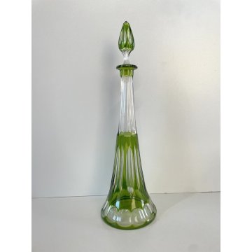 ANTICO DECANTER TAPPO CRISTALLO VERDE CHARTREUSE CUT to CLEAR BELGIO (?) '50s