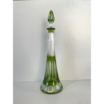 ANTICO DECANTER TAPPO CRISTALLO VERDE CHARTREUSE CUT to CLEAR BELGIO (?) '50s