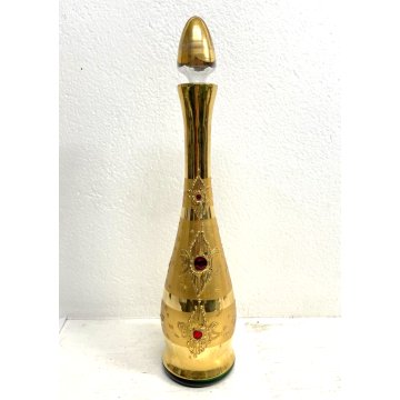 BOTTIGLIA DECANTER VETRO SOFFIATO ORO ZECCHINO GEMME ROSSE FINTE VINTAGE '50s