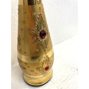 BOTTIGLIA DECANTER VETRO SOFFIATO ORO ZECCHINO GEMME ROSSE FINTE VINTAGE '50s