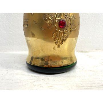 BOTTIGLIA DECANTER VETRO SOFFIATO ORO ZECCHINO GEMME ROSSE FINTE VINTAGE '50s