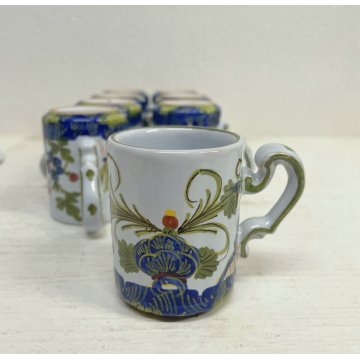 SERVIZIO CAFFE 8 TAZZINE MAIOLICA Ceramica C.A.C.F. FAENZA GAROFANO BLU ANNI '50