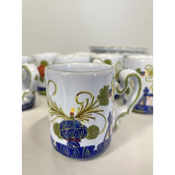 SERVIZIO CAFFE 8 TAZZINE MAIOLICA Ceramica C.A.C.F. FAENZA GAROFANO BLU ANNI '50