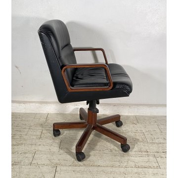 POLTRONA UFFICIO VAGHI GIREVOLE DESIGN ITALY LEGNO PELLE ARMCHAIR OFFICE ANNI 70