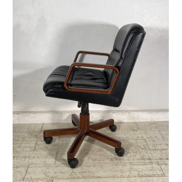 POLTRONA UFFICIO VAGHI GIREVOLE DESIGN ITALY LEGNO PELLE ARMCHAIR OFFICE ANNI 70