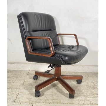 POLTRONA UFFICIO VAGHI GIREVOLE DESIGN ITALY LEGNO PELLE ARMCHAIR OFFICE ANNI 70