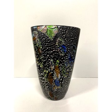 VASO VINTAGE VETRO MURANO NERO MURRINA MULTICOLOR AVVENTURINA ARGENTO '80/'90